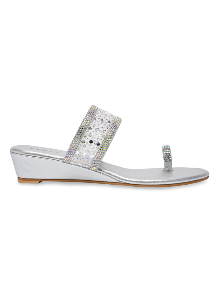 Rocia By Regal Silver Women One Toe Diamond On Vinyl Fancy Wedges