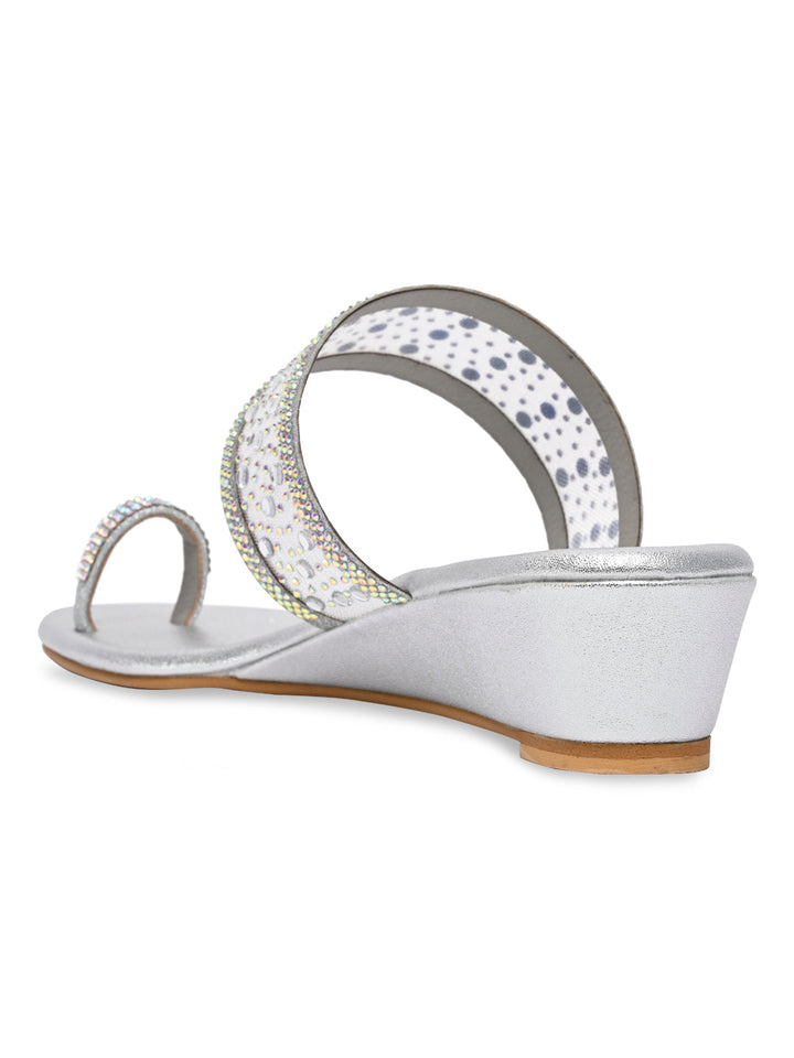 Rocia By Regal Silver Women One Toe Diamond On Vinyl Fancy Wedges