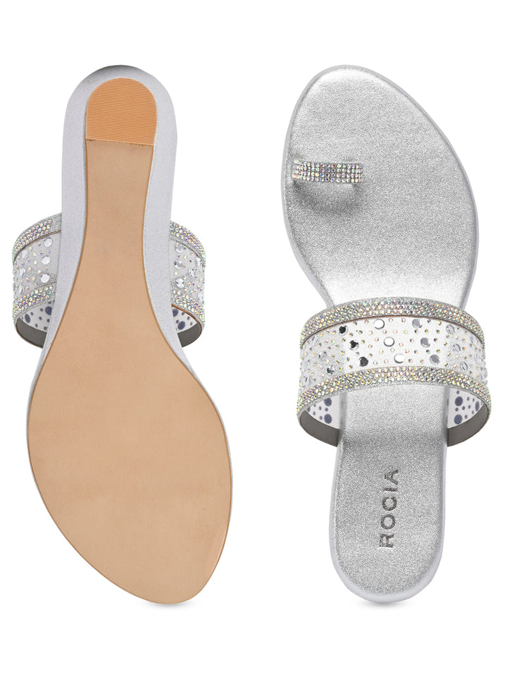 Rocia By Regal Silver Women One Toe Diamond On Vinyl Fancy Wedges