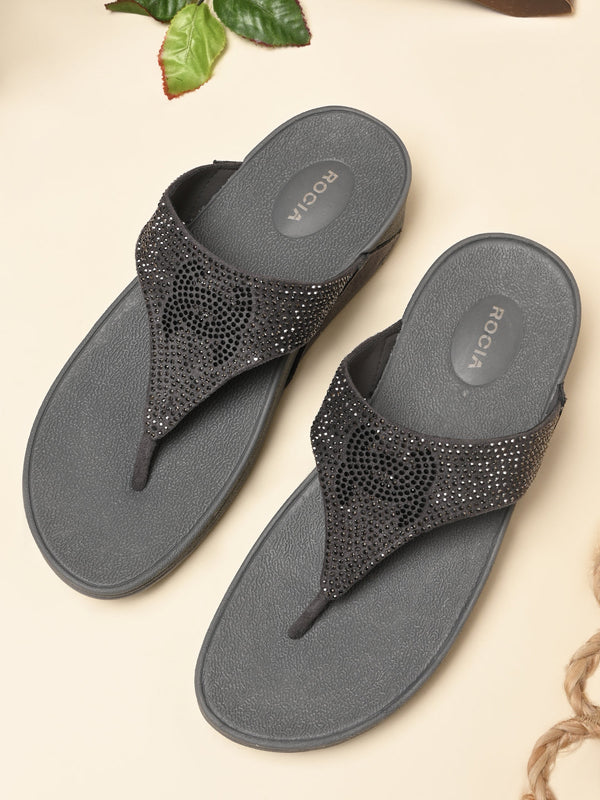 Rocia By Regal Grey Women Diamond Studded Comfort Wedges