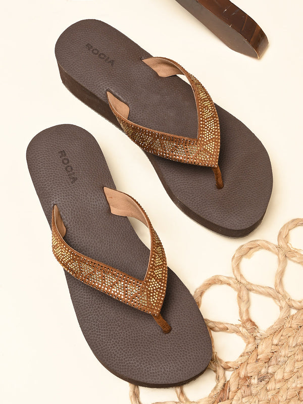 Rocia By Regal Brown Women Diamond Studded Thong Wedges