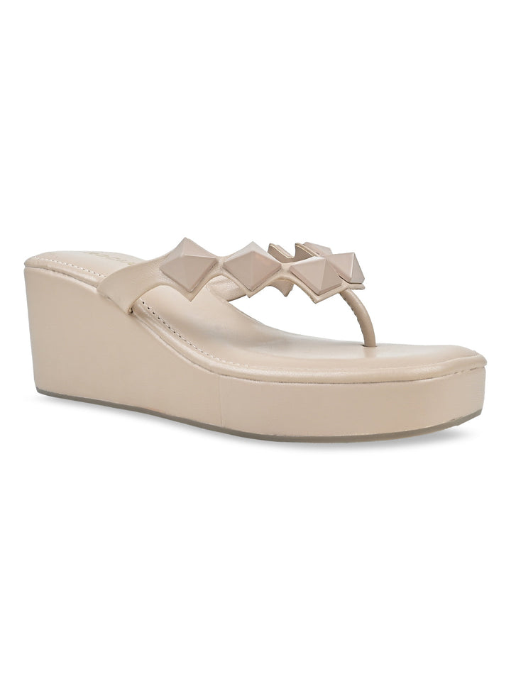 Rocia By Regal Beige Women Square Toe Embellished Wedges