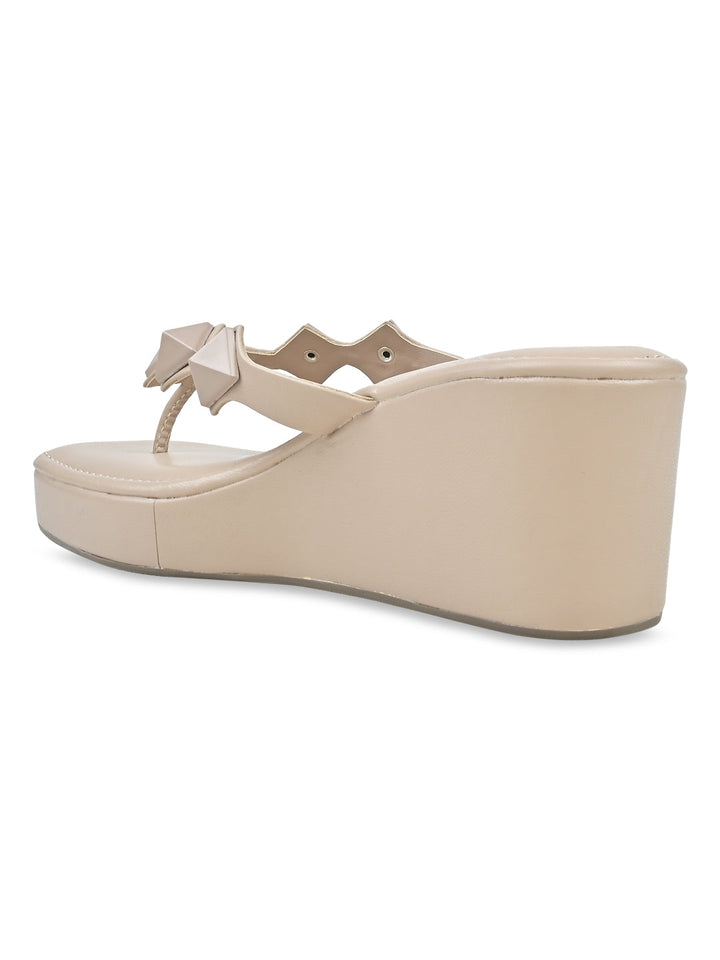 Rocia By Regal Beige Women Square Toe Embellished Wedges