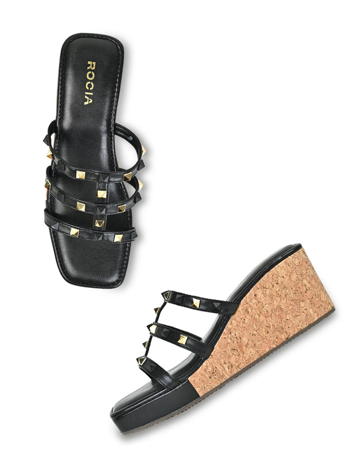 Rocia By Regal Black Women T Strap Studded Platform