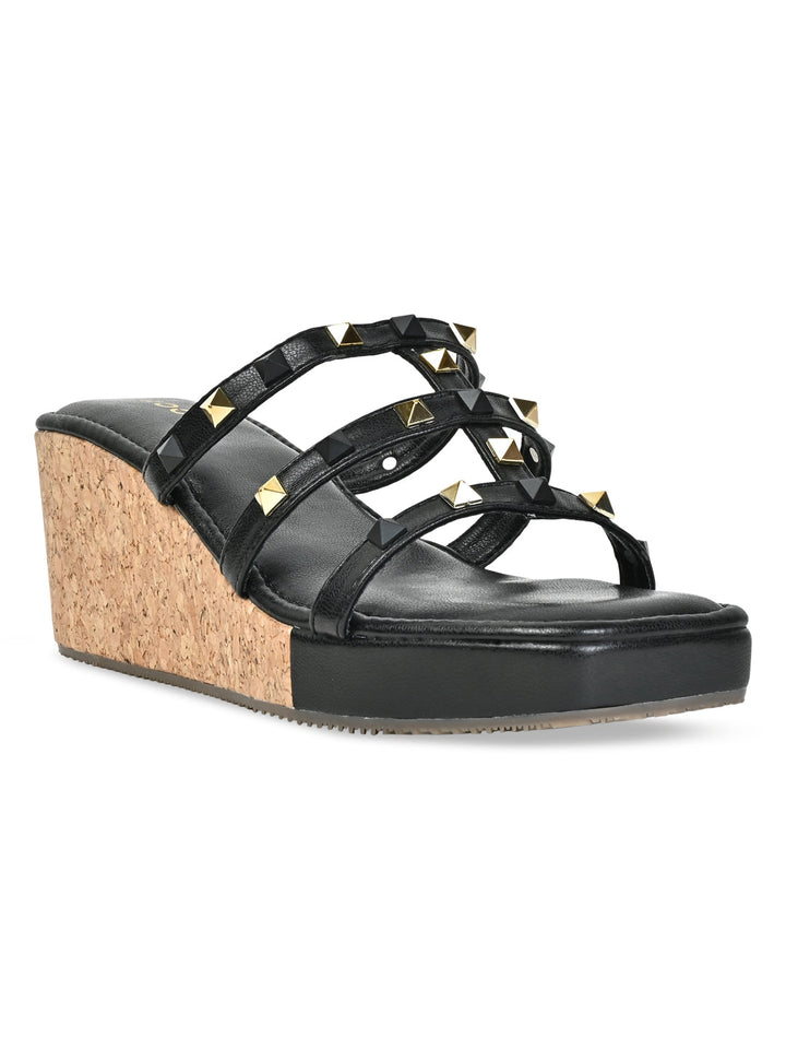 Rocia By Regal Black Women T Strap Studded Platform