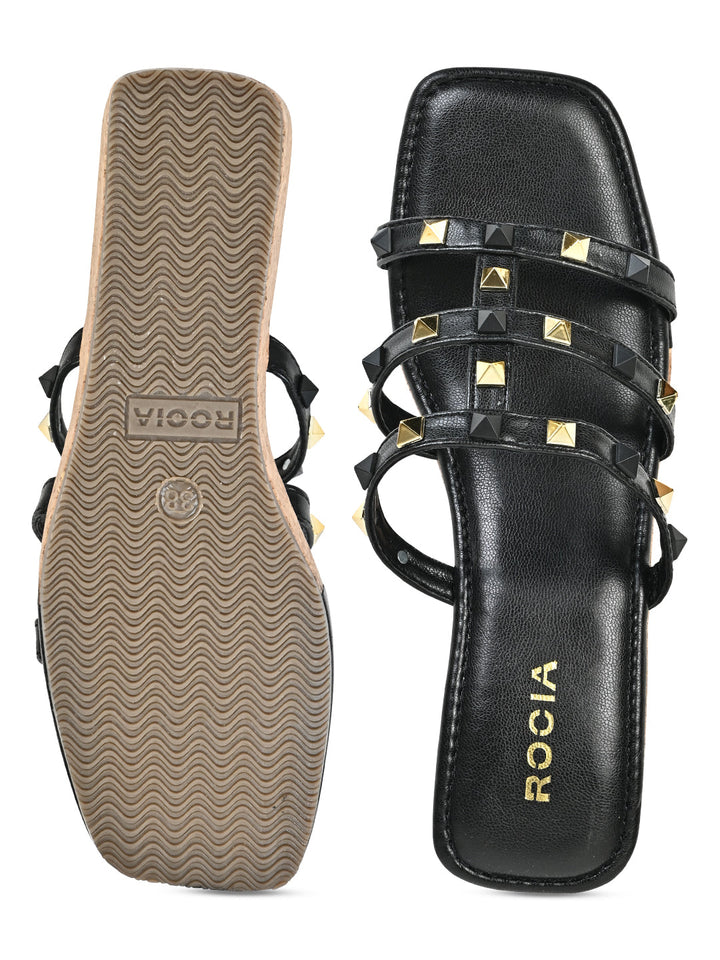 Rocia By Regal Black Women T Strap Studded Platform