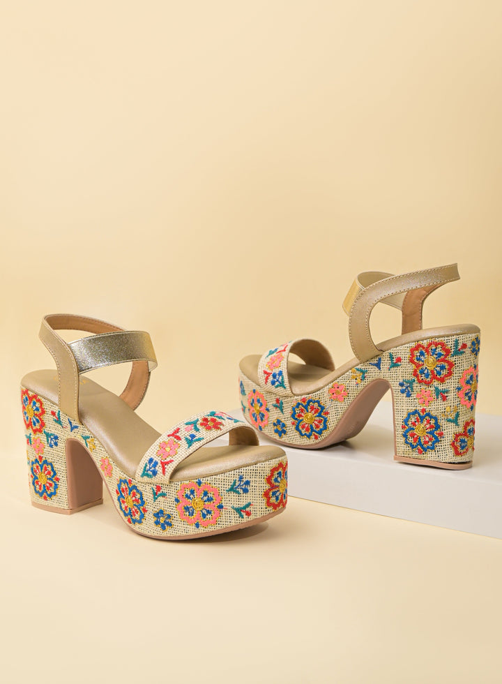 Rocia By Regal Gold Women Embroidered Platforms