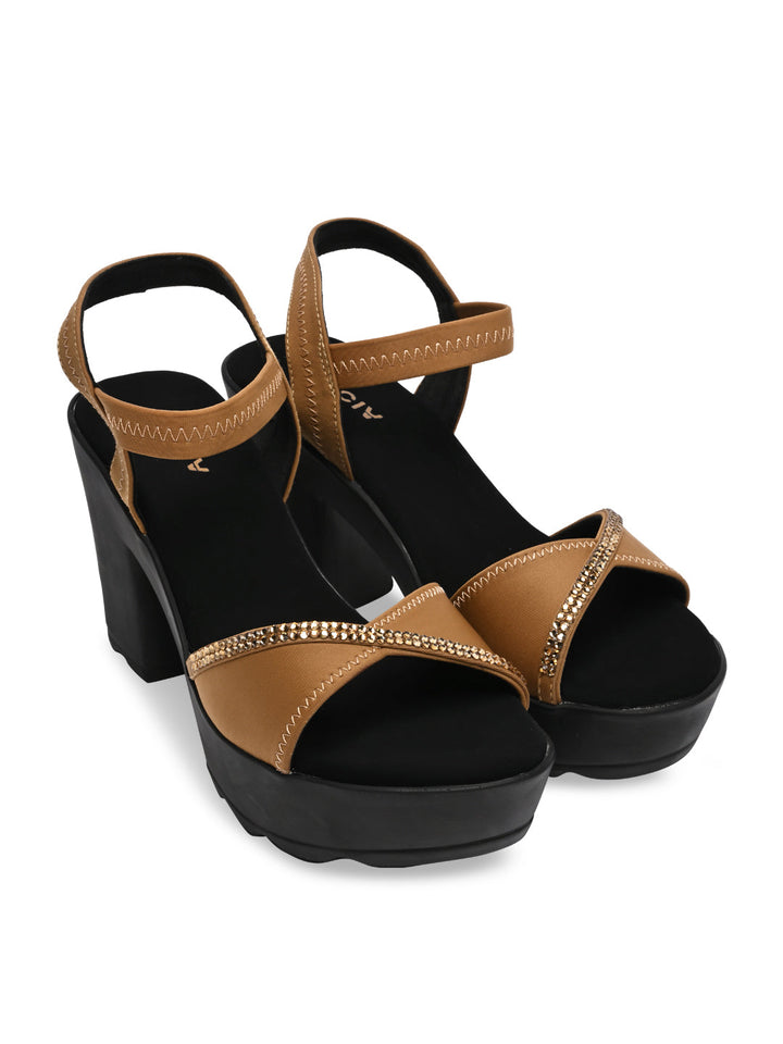 Rocia By Regal Antique Gold Women Diamond Studded High Heel Platforms