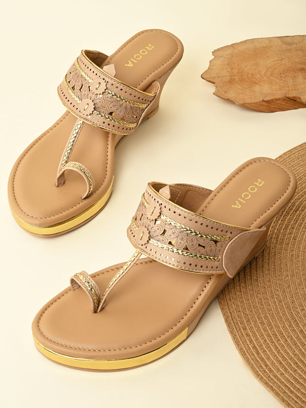 Rocia By Regal Beige Women Laser Cut Kolhapuri Wedges
