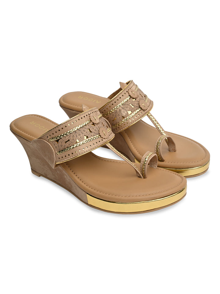Rocia By Regal Beige Women Laser Cut Kolhapuri Wedges