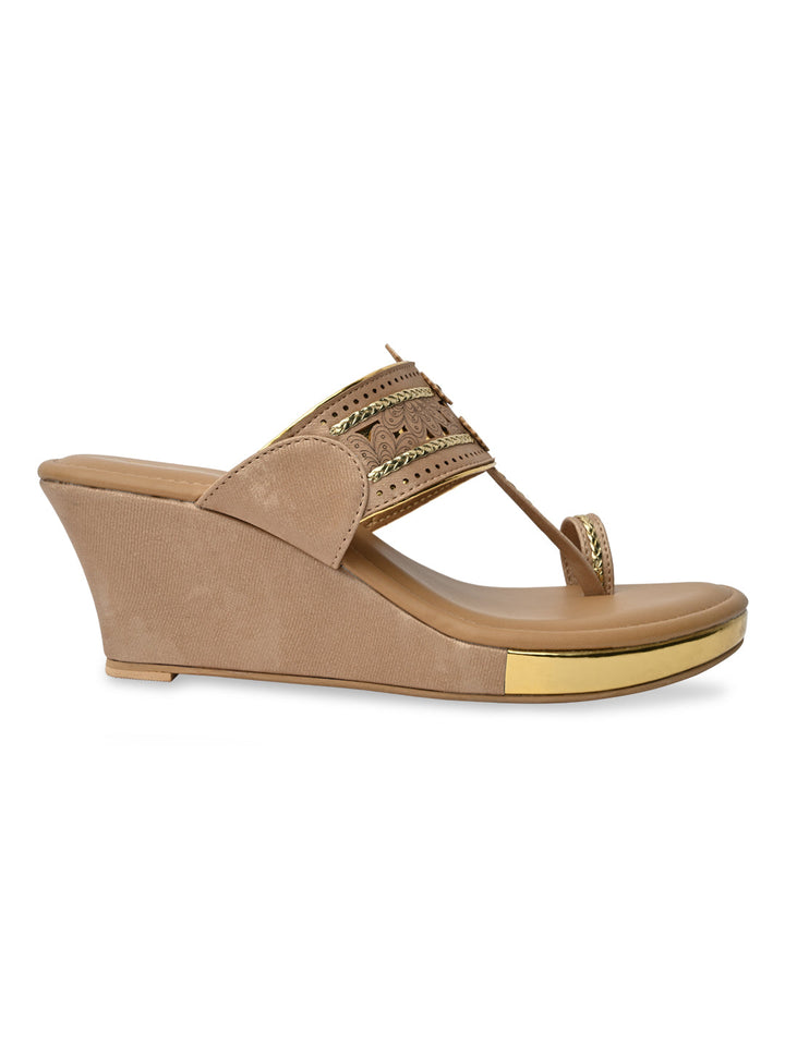Rocia By Regal Beige Women Laser Cut Kolhapuri Wedges