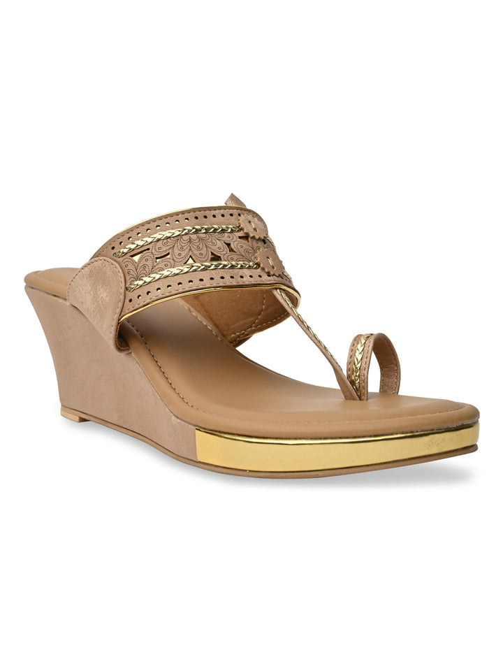 Rocia By Regal Beige Women Laser Cut Kolhapuri Wedges