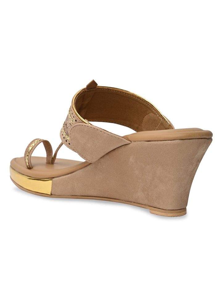 Rocia By Regal Beige Women Laser Cut Kolhapuri Wedges