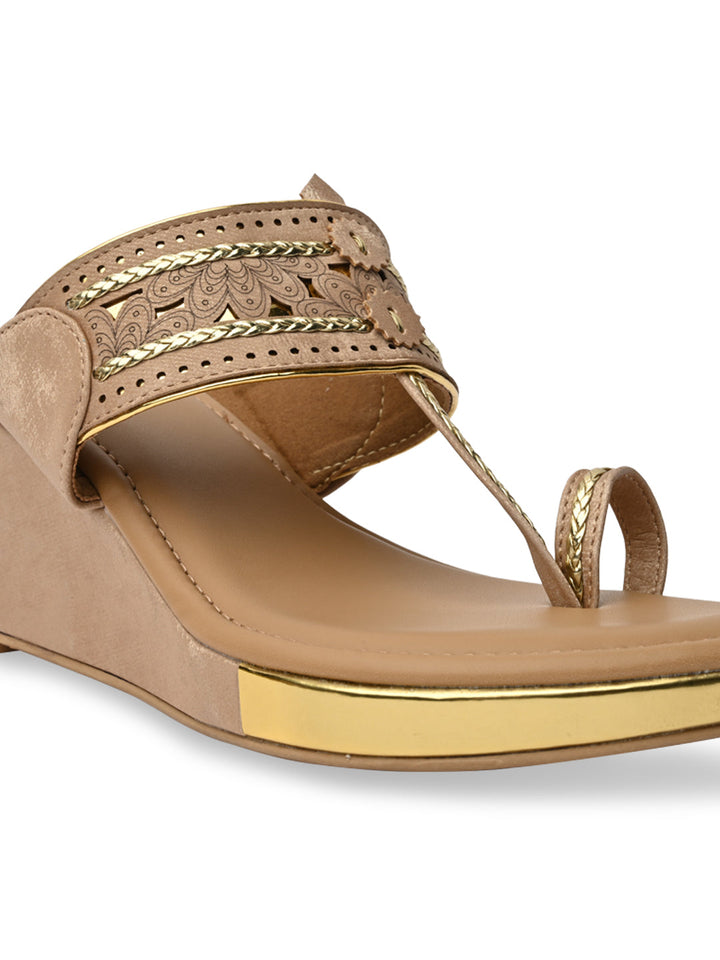 Rocia By Regal Beige Women Laser Cut Kolhapuri Wedges