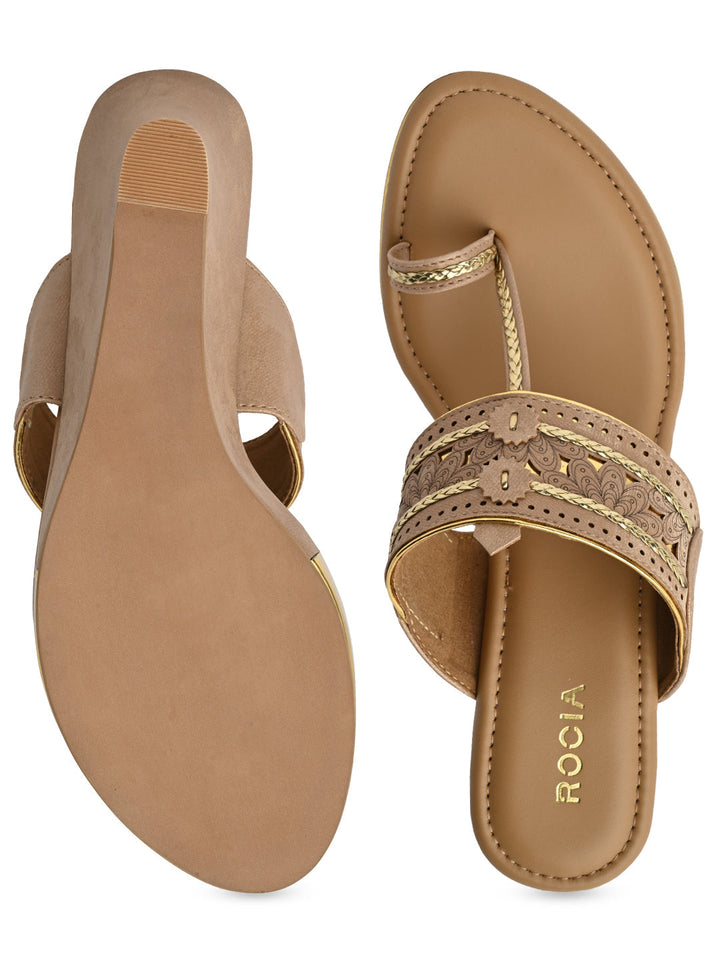 Rocia By Regal Beige Women Laser Cut Kolhapuri Wedges