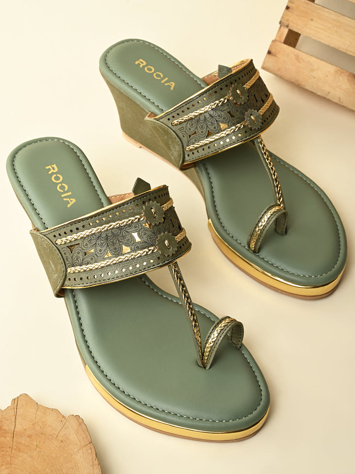 Rocia By Regal Green Women Laser Cut Kolhapuri Wedges
