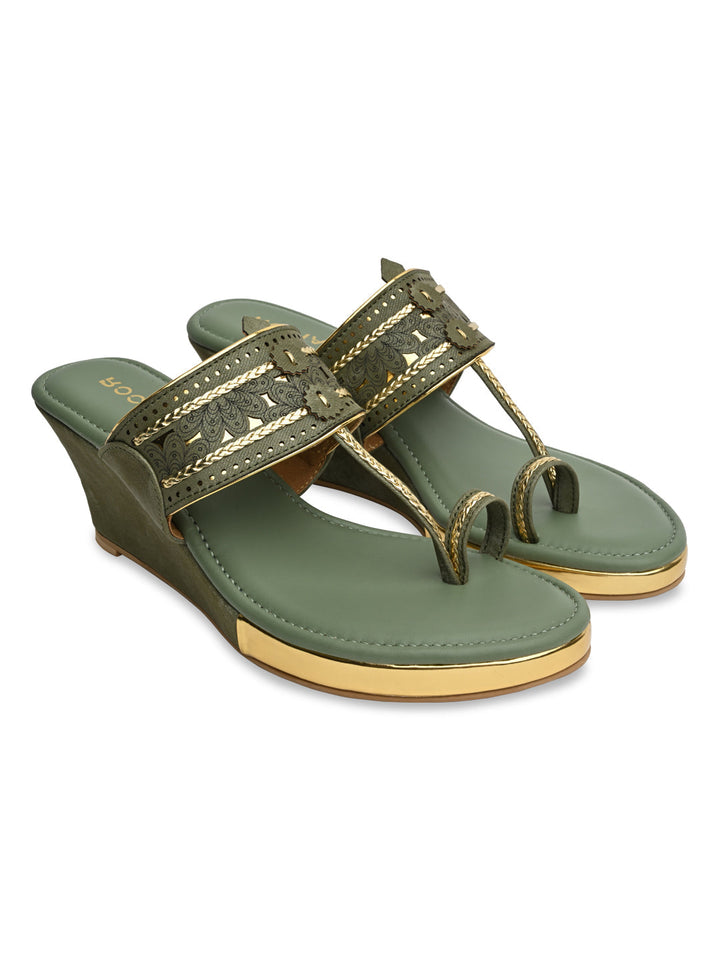 Rocia By Regal Green Women Laser Cut Kolhapuri Wedges