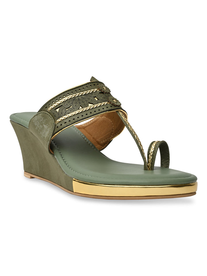 Rocia By Regal Green Women Laser Cut Kolhapuri Wedges