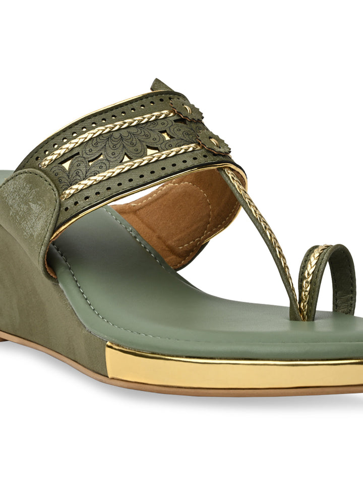 Rocia By Regal Green Women Laser Cut Kolhapuri Wedges