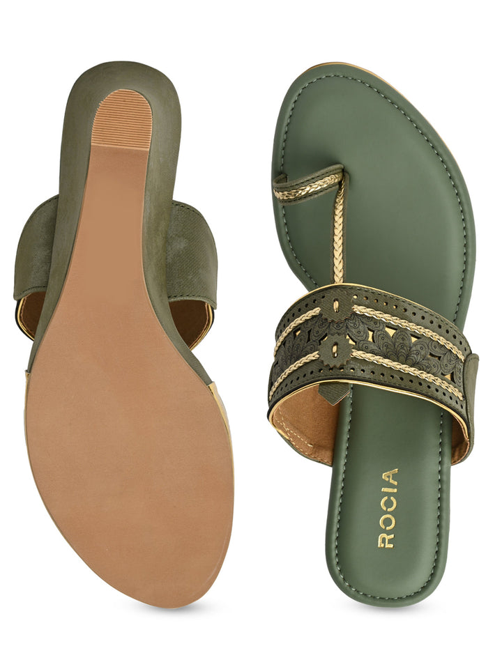 Rocia By Regal Green Women Laser Cut Kolhapuri Wedges