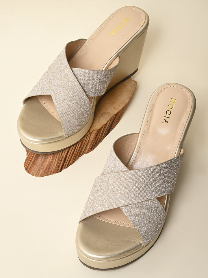 Rocia By Regal Gold Women Shimmery Criss Cross Platforms