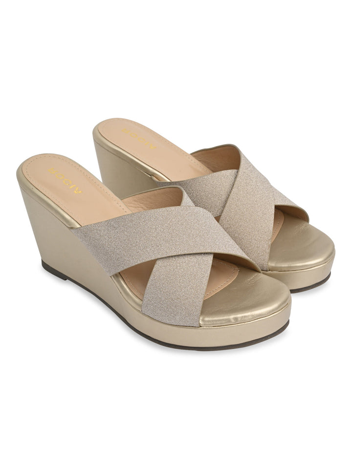 Rocia By Regal Gold Women Shimmery Criss Cross Platforms