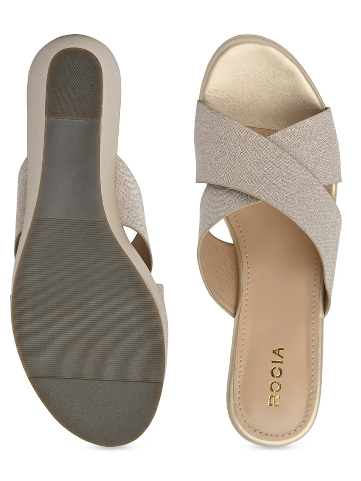 Rocia By Regal Gold Women Shimmery Criss Cross Platforms