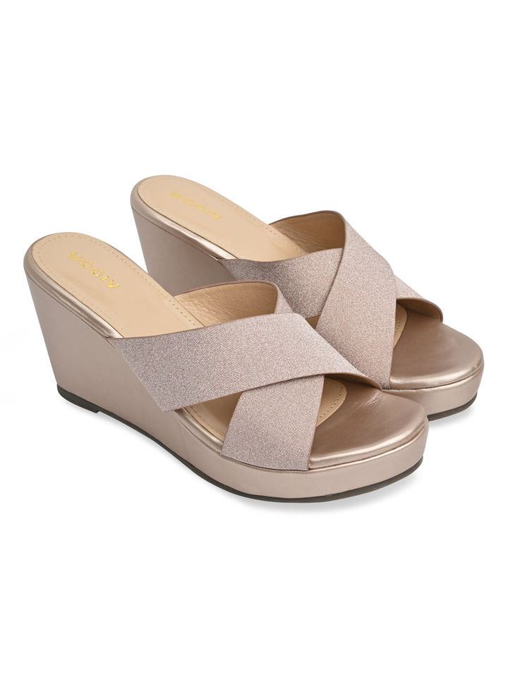 Rocia By Regal Rose Gold Women Shimmery Criss Cross Platforms