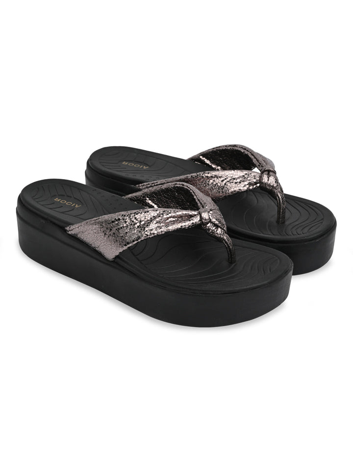 Rocia By Regal Gun Metal Women Casual Knotted Thong Wedges
