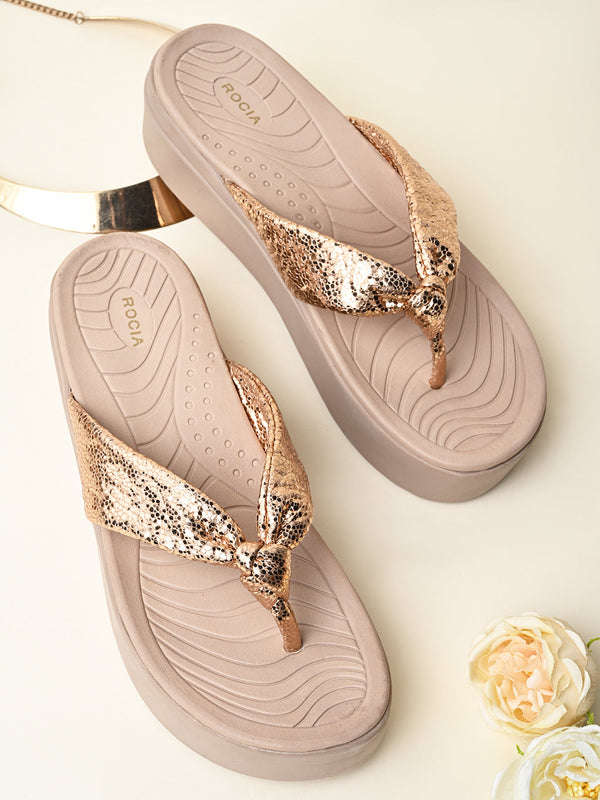Rocia By Regal Rose Gold Women Casual Knotted Thong Wedges
