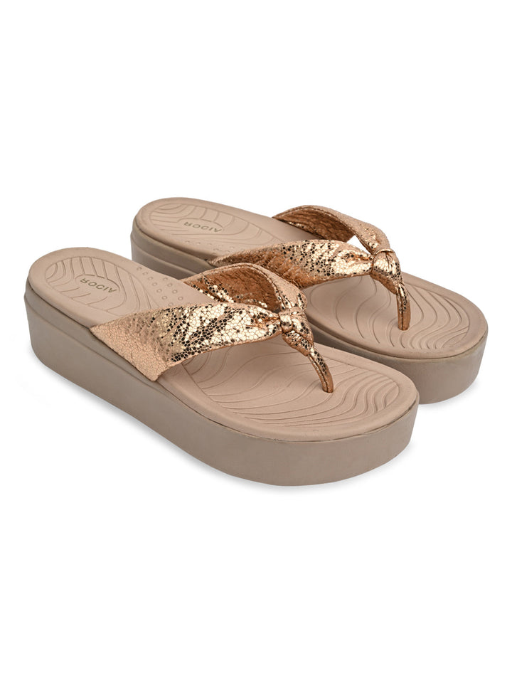 Rocia By Regal Rose Gold Women Casual Knotted Thong Wedges