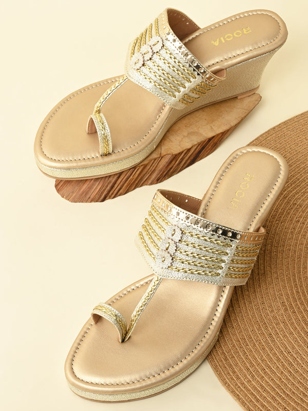 Rocia By Regal Gold Women Kolhapuri Wedges