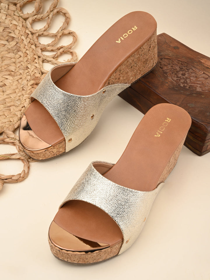 Rocia By Regal Gold Women Slip On High Wedges