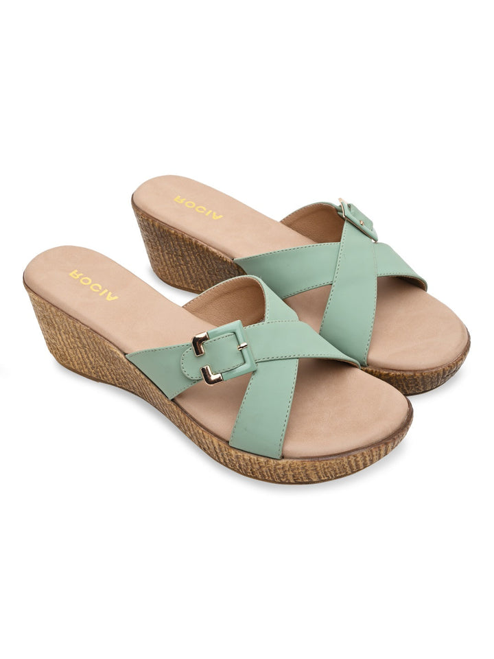 Rocia By Regal Green Women Casual Buckled Platforms