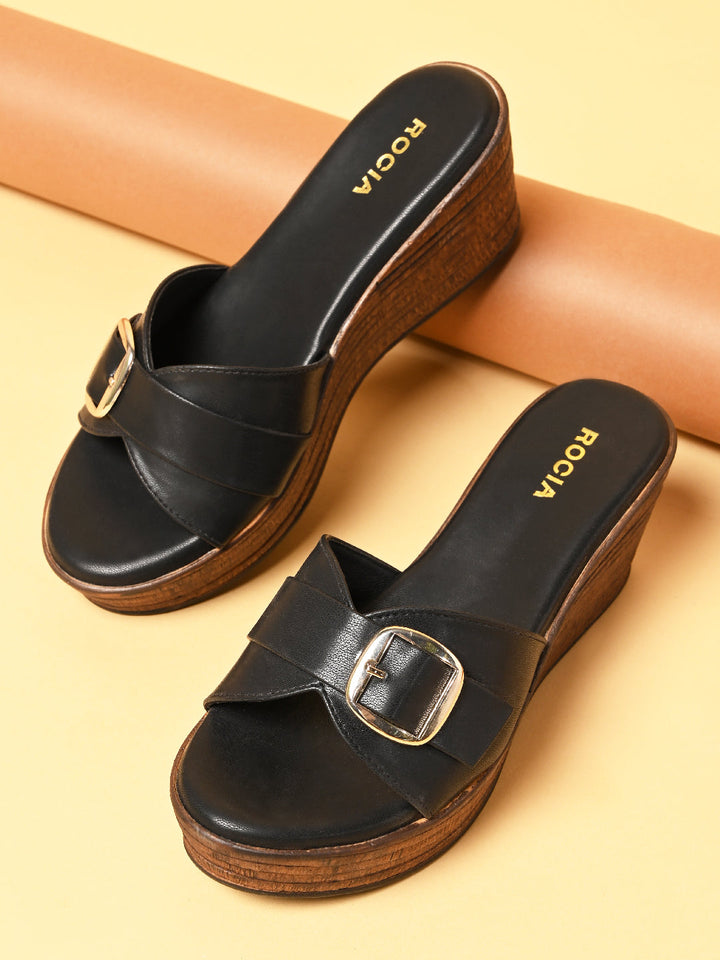 Rocia By Regal Black Women Buckled Platforms