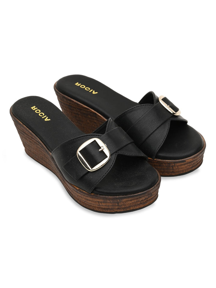 Rocia By Regal Black Women Buckled Platforms