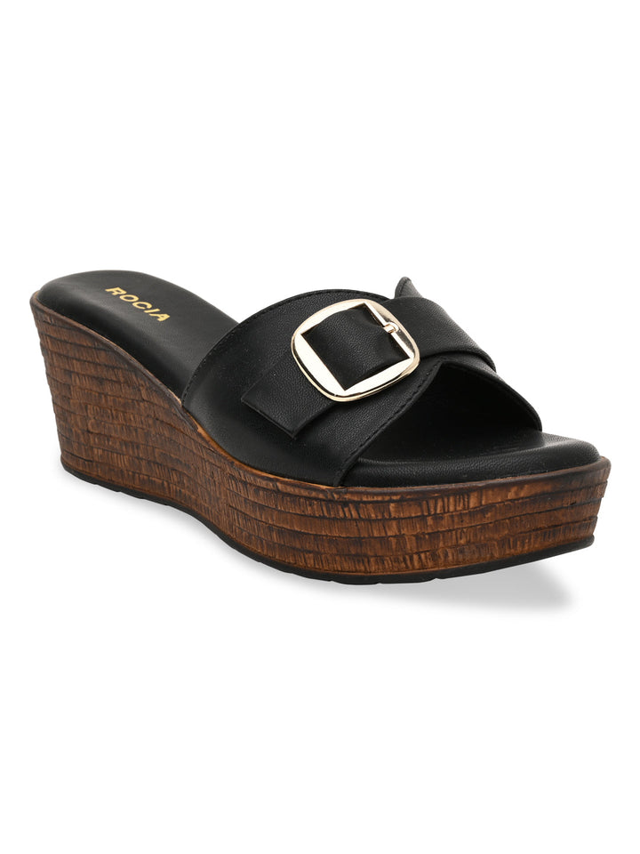 Rocia By Regal Black Women Buckled Platforms