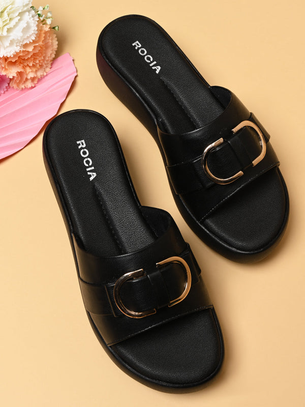 Rocia By Regal Black Women Classic Buckled Platforms