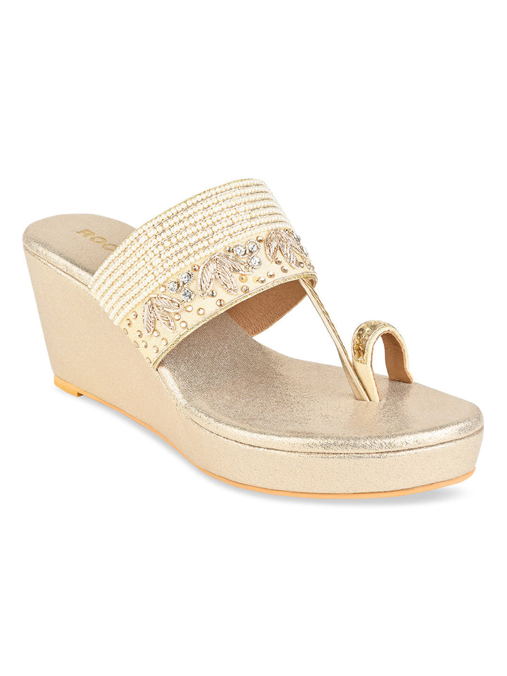 Rocia By Regal Gold Women One Toe Hand Embroidered Wedges