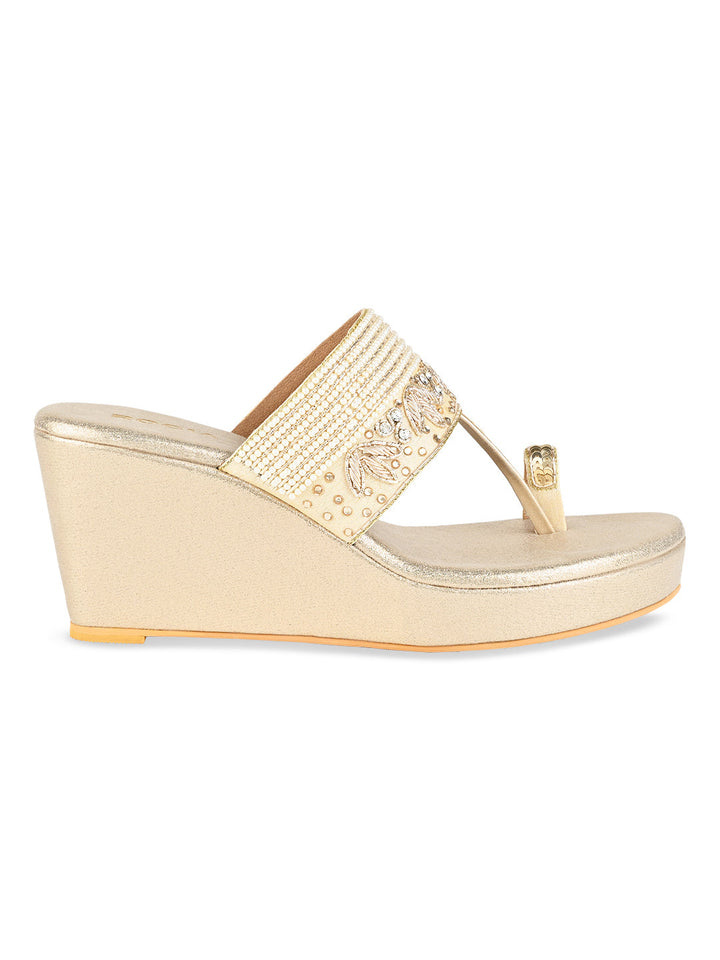 Rocia By Regal Gold Women One Toe Hand Embroidered Wedges