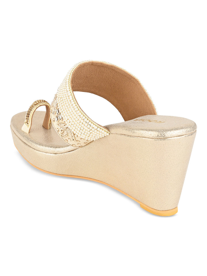Rocia By Regal Gold Women One Toe Hand Embroidered Wedges