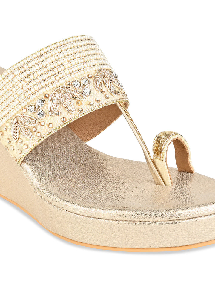 Rocia By Regal Gold Women One Toe Hand Embroidered Wedges