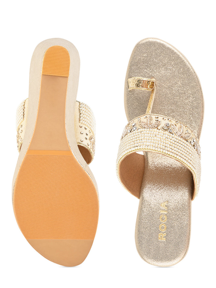 Rocia By Regal Gold Women One Toe Hand Embroidered Wedges