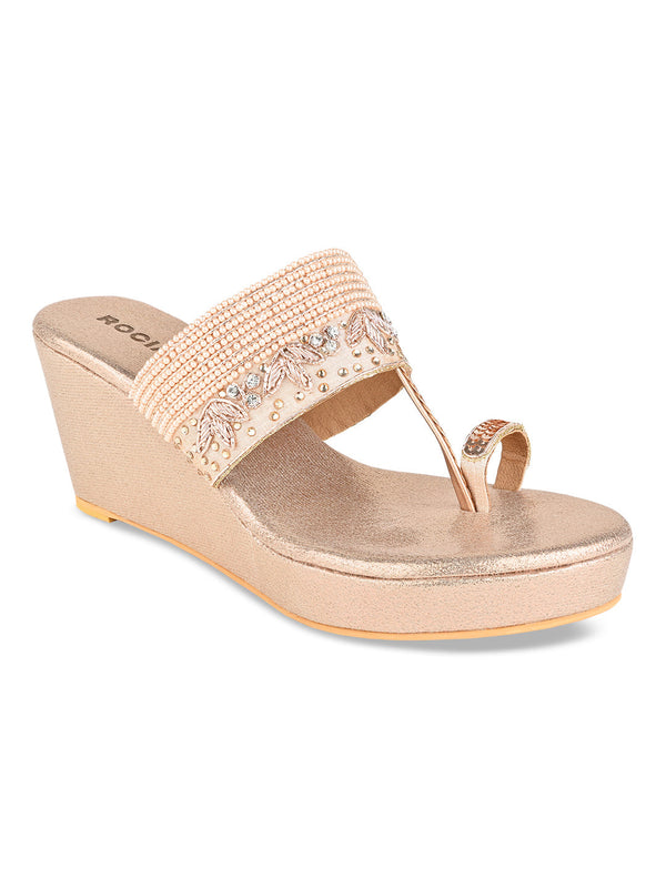 Rocia By Regal Rose Gold Women One Toe Hand Embroidered Wedges