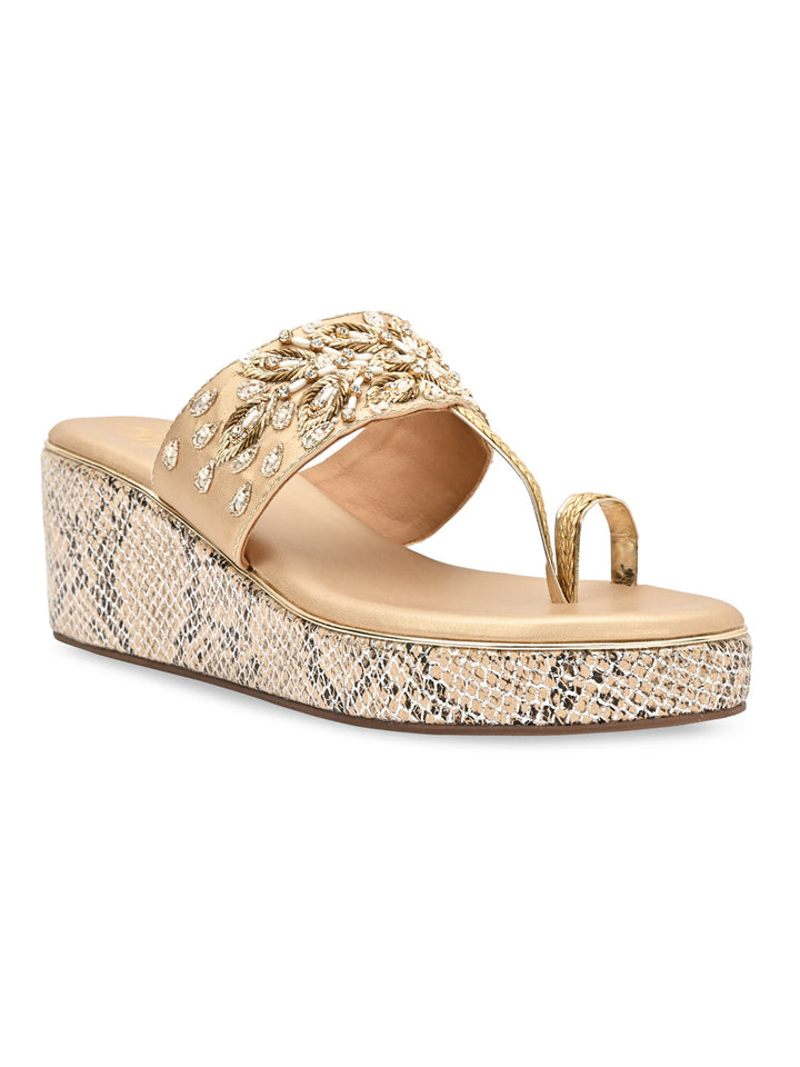 Rocia By Regal Rose Gold Women Hand Embroidered High Wedges