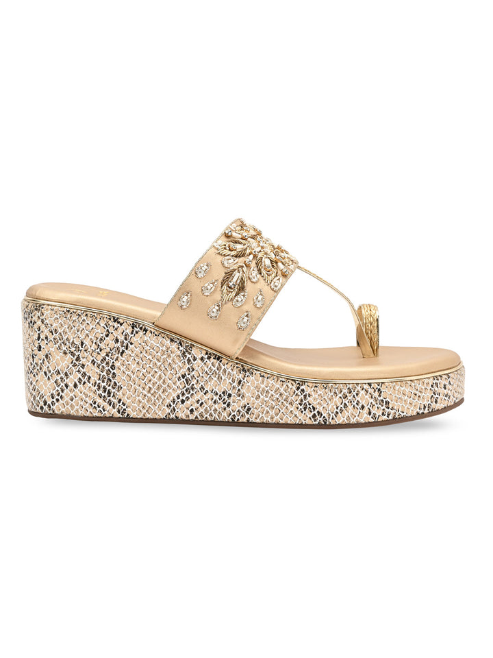 Rocia By Regal Rose Gold Women Hand Embroidered High Wedges
