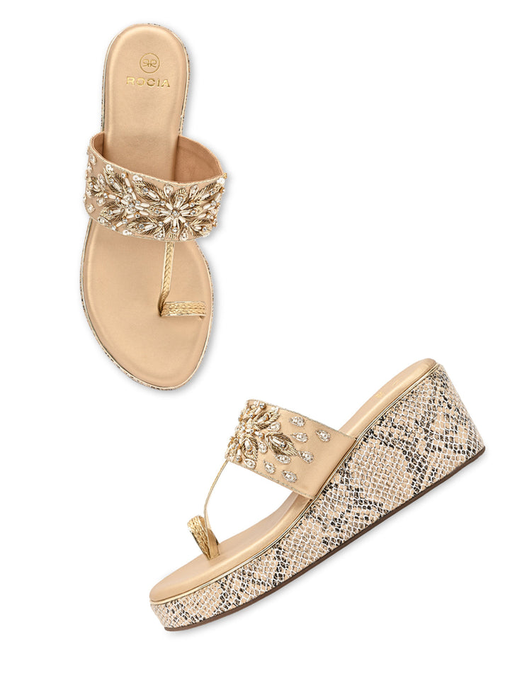 Rocia By Regal Rose Gold Women Hand Embroidered High Wedges