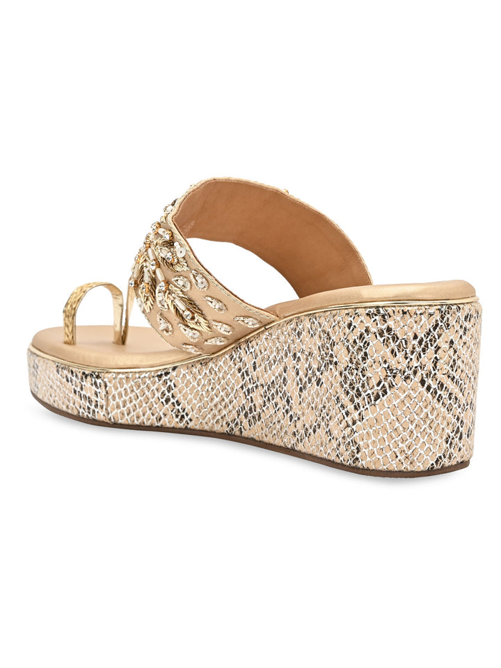 Rocia By Regal Rose Gold Women Hand Embroidered High Wedges