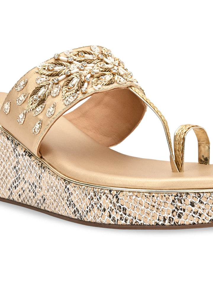 Rocia By Regal Rose Gold Women Hand Embroidered High Wedges