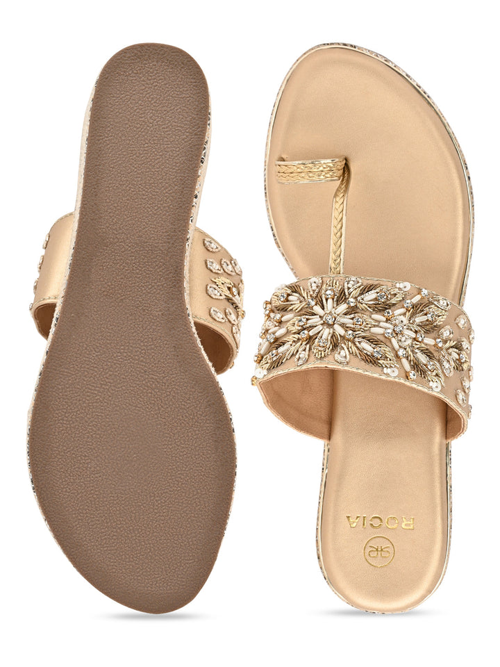 Rocia By Regal Rose Gold Women Hand Embroidered High Wedges
